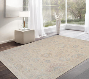 Pasargad Pasargad Hand-Knotted Oushak Wool Rug in Neutral Beige — Durable, Soft Pile with Subtle Geometric Motif 8' 2'' X 10' 0'' PAJ-410 8x10