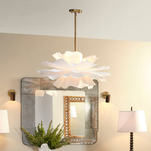 Jamie Young Co. Zinnia Frosted Acrylic Chandelier With Antiqued Brass Accents — Sculptural Petal Design, Dimmer Ready 25"H x 36"W x 36"D 5ZINN-CHLG