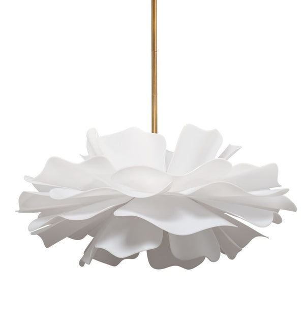 Jamie Young Co. Zinnia Frosted Acrylic Chandelier With Antiqued Brass Accents — Sculptural Petal Design, Dimmer Ready 25"H x 36"W x 36"D 5ZINN-CHLG