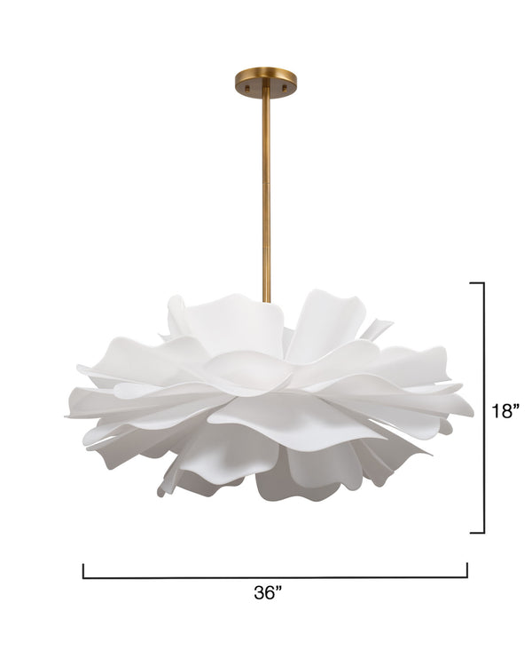 Jamie Young Co. Zinnia Frosted Acrylic Chandelier With Antiqued Brass Accents — Sculptural Petal Design, Dimmer Ready 25"H x 36"W x 36"D 5ZINN-CHLG