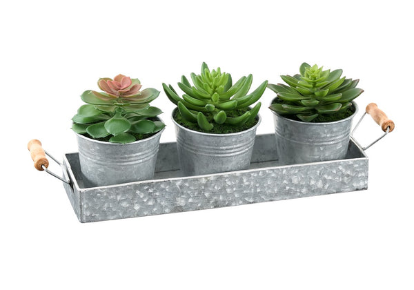 Monarch Specialties Artificial Succulent Trio On Rectangular Metal Tray With Decorative Pots, Realistic Low-Maintenance Accent For Tables GREEN,SILVER I 9372