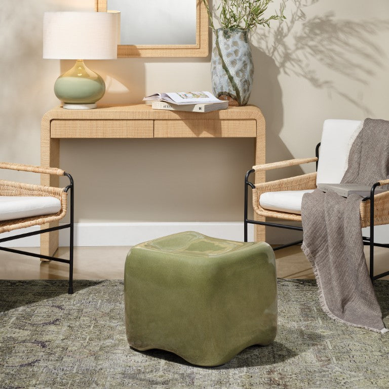 Jamie Young Co. Cushion Concrete Stool With Olive Green Glaze — Fiber-Reinforced, Scooped Seat, Stable Outdoor-Friendly Accent Piece 16"H x 20"W x 20"D 20CUSH-STLOL