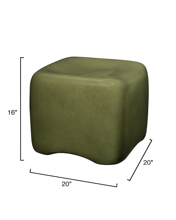 Jamie Young Co. Cushion Concrete Stool With Olive Green Glaze — Fiber-Reinforced, Scooped Seat, Stable Outdoor-Friendly Accent Piece 16"H x 20"W x 20"D 20CUSH-STLOL