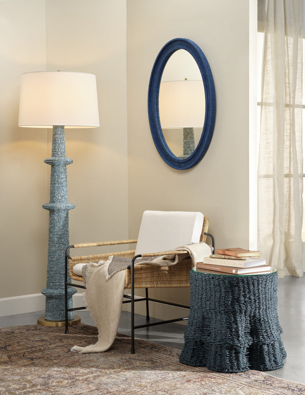 Jamie Young Co. Falda Sculptural Side Table With Verdigris Dyed Seagrass Wrap And Tempered Glass Top, Coastal Chic 20"H x 25"W x 19"D 20FALD-STVG