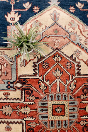 Pasargad Pasargad Serapi Hand-Knotted Wool Area Rug in Navy and Rust — Timeless, Durable Vintage Charm 8' 0'' X 10' 1'' PB-10B NVY 8X10