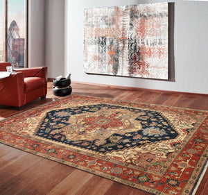 Pasargad Pasargad Serapi Hand-Knotted Wool Area Rug in Navy and Rust — Timeless, Durable Vintage Charm 8' 0'' X 10' 1'' PB-10B NVY 8X10