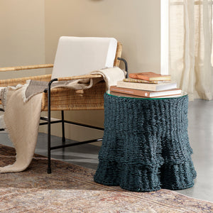 Jamie Young Co. Falda Sculptural Side Table With Verdigris Dyed Seagrass Wrap And Tempered Glass Top, Coastal Chic 20"H x 25"W x 19"D 20FALD-STVG