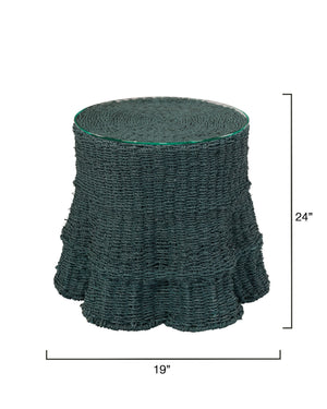 Jamie Young Co. Falda Sculptural Side Table With Verdigris Dyed Seagrass Wrap And Tempered Glass Top, Coastal Chic 20"H x 25"W x 19"D 20FALD-STVG