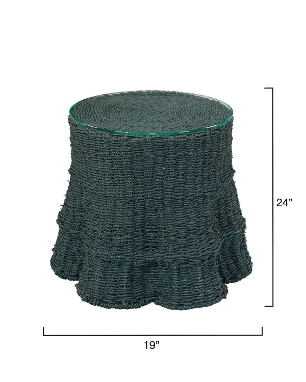 Jamie Young Co. Falda Sculptural Side Table With Verdigris Dyed Seagrass Wrap And Tempered Glass Top, Coastal Chic 20"H x 25"W x 19"D 20FALD-STVG