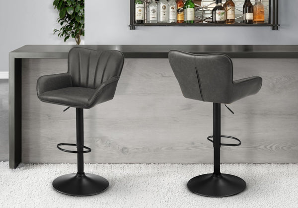 Monarch Specialties Barstool, Set Of 2 Swivel Adjustable Height Counter To Bar Seating With Padded Curved Backrest And Metal Frame GREY,BLACK I 2330