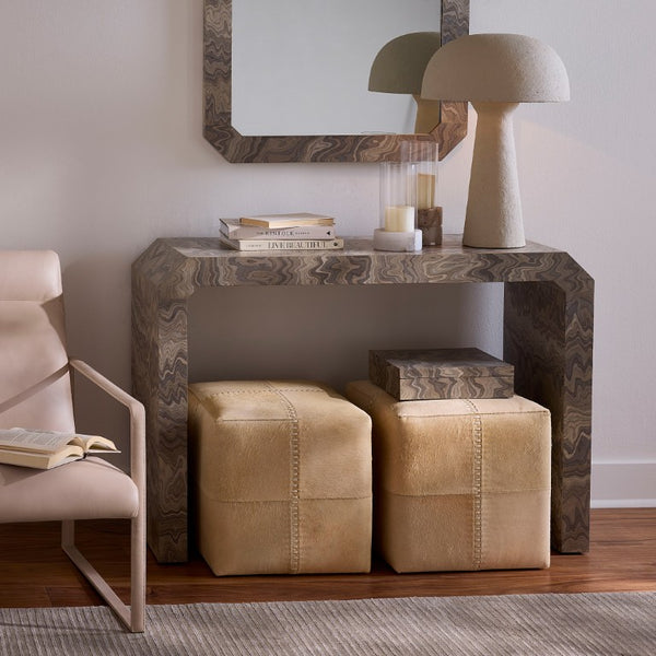 Jamie Young Co. Cream Hide Ottoman With Tonal Hand-Stitching — Versatile Hair-On-Hide Accent Seat, Footrest, DéCor Surface 16"H x 16"W x 16"D 20OTTO-SMCR