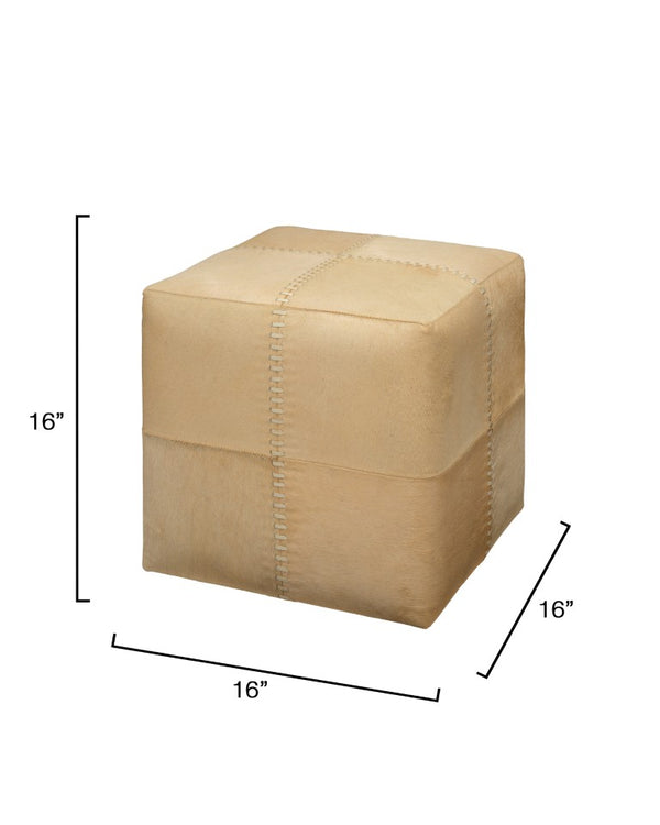 Jamie Young Co. Cream Hide Ottoman With Tonal Hand-Stitching — Versatile Hair-On-Hide Accent Seat, Footrest, DéCor Surface 16"H x 16"W x 16"D 20OTTO-SMCR