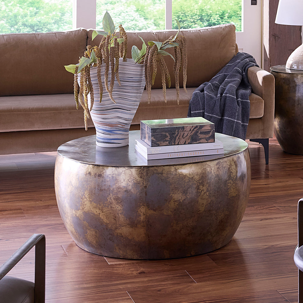 Jamie Young Co. Aphrodite Handcrafted Iron Coffee Table With Acid-Washed Brass & Silver Patina, Sculptural Drum Design 20APHR-CTGO