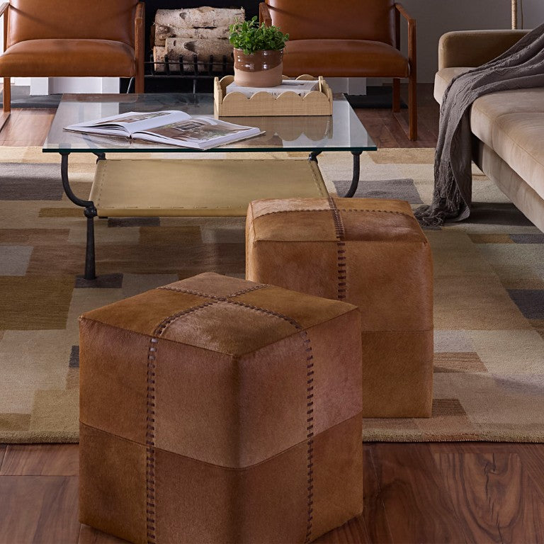 Jamie Young Co. Saddle Hair-On-Hide Ottoman With Hand-Stitched Leather Accents, Multi-Use Footstool & Extra Seating 16"H x 16"W x 16"D 20OTTO-SMSA