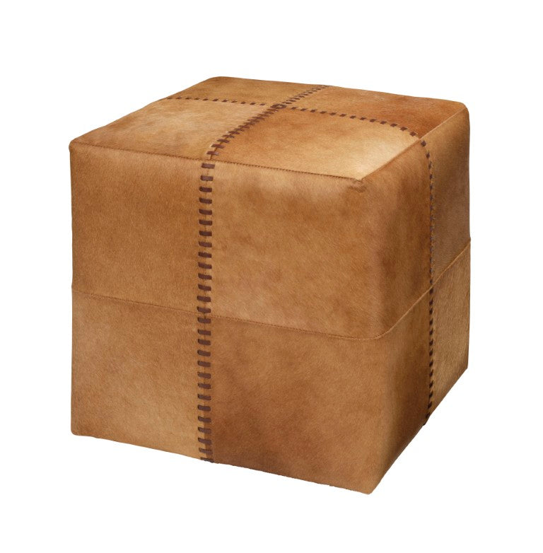 Jamie Young Co. Saddle Hair-On-Hide Ottoman With Hand-Stitched Leather Accents, Multi-Use Footstool & Extra Seating 16"H x 16"W x 16"D 20OTTO-SMSA