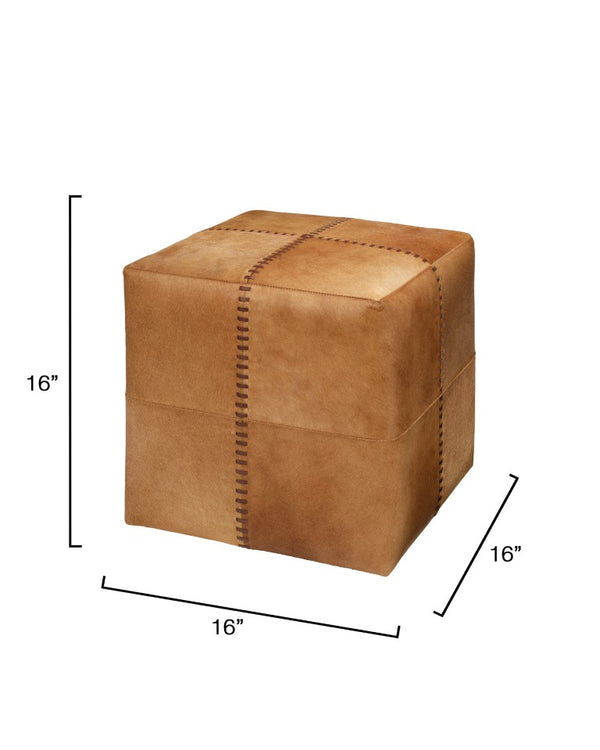Jamie Young Co. Saddle Hair-On-Hide Ottoman With Hand-Stitched Leather Accents, Multi-Use Footstool & Extra Seating 16"H x 16"W x 16"D 20OTTO-SMSA