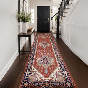 Pasargad Pasargad Serapi Hand-Knotted Wool Runner Rug in Rust & Navy – Timeless Patina, Durable Soft Weave 2' 7'' X 12' 1'' PB-10B RNR 2.7x12