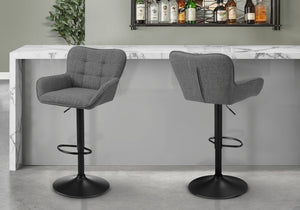 Monarch Specialties Barstool, Set Of 2 Grey Fabric Swivel Stools With Adjustable Gas-Lift, Curved Back & Black Metal Frame I 2333