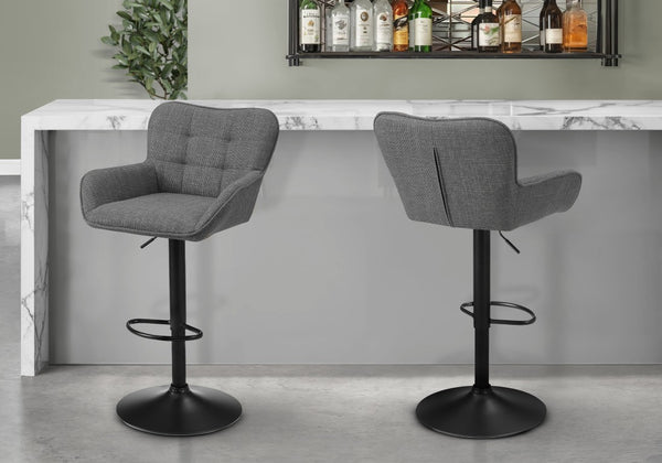 Monarch Specialties Barstool, Set Of 2 Grey Fabric Swivel Stools With Adjustable Gas-Lift, Curved Back & Black Metal Frame I 2333