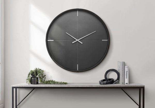 Monarch Specialties Clocks, 30" Oversized Round Wall Clock With Silent Quartz Movement And Minimalist Glass Face, Modern Decor BLACK,SILVER I 9035
