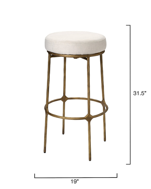 Jamie Young Co. Asteria Hand-Forged Iron Counter Stool In Antique Brass With Upholstered Performance Seat & Footrest 31"H x 19"W x 19"D 20ASTE-BSGO