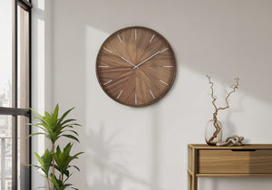 Monarch Specialties Clocks, 20" Round Wall Clock With Wood-Look Face, Glass Cover, Quiet Quartz Movement, Ready To Hang BROWN,BLACK,SILVER I 9051