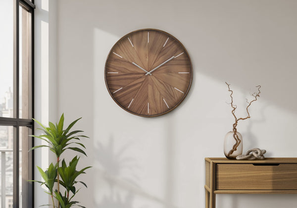 Monarch Specialties Clocks, 20" Round Wall Clock With Wood-Look Face, Glass Cover, Quiet Quartz Movement, Ready To Hang BROWN,BLACK,SILVER I 9051