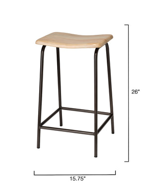 Jamie Young Co. Bend Iron Counter Stool With Bleached Mango Wood Seat, Hand-Forged Matte Black Base, Ergonomic Comfort 20BEND-CSBW