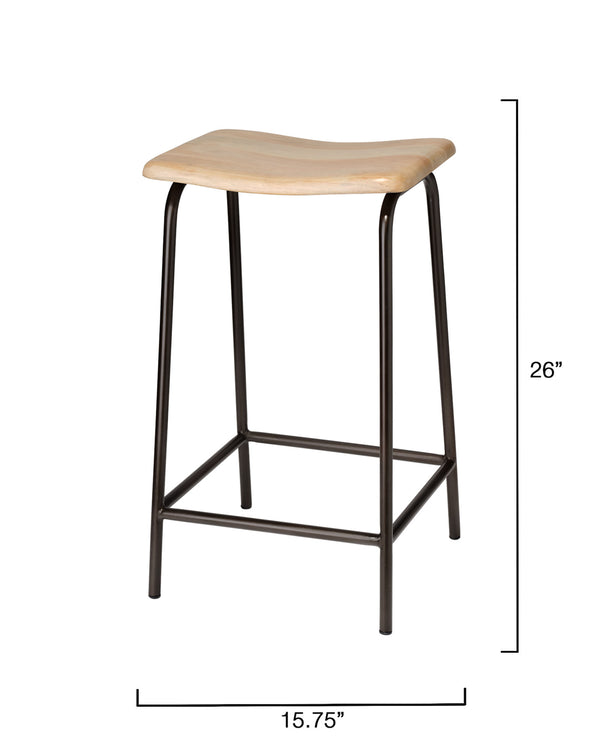 Jamie Young Co. Bend Iron Counter Stool With Bleached Mango Wood Seat, Hand-Forged Matte Black Base, Ergonomic Comfort 20BEND-CSBW