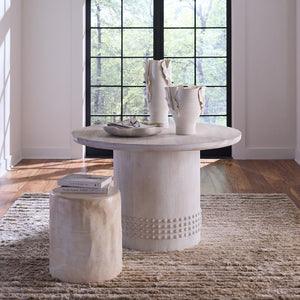 Jamie Young Co. Studded Wood Bistro Dining Table White Washed — Hand‑Carved Mango Wood, Studded Band, Seats 8, 48" 20STUD-BTWH
