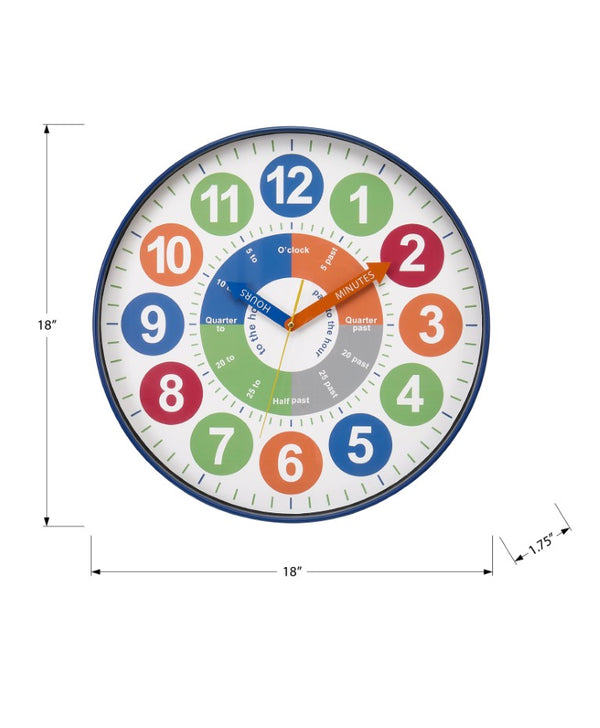 Monarch Specialties Clocks, 18" Round Silent Quartz Kids Wall Clock With Multi-Color Dial And Large Numerals For Learning WHITE,BLUE,GREEN,ORANGE,RED,YELLOW I 9101