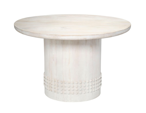Jamie Young Co. Studded Wood Bistro Dining Table White Washed — Hand‑Carved Mango Wood, Studded Band, Seats 8, 48" 20STUD-BTWH