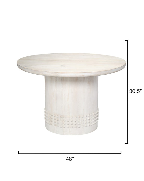 Jamie Young Co. Studded Wood Bistro Dining Table White Washed — Hand‑Carved Mango Wood, Studded Band, Seats 8, 48" 20STUD-BTWH