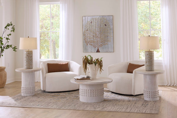 Jamie Young Co. Studded Handcrafted Mango Wood Coffee Table With Whitewashed Finish, Carved Stud Band Accent, Coastal Contemporary Elegance 17.25"H x 36"W x 36"D 20STUD-CTWH