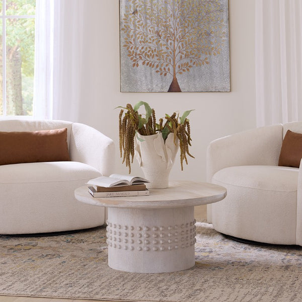Jamie Young Co. Studded Handcrafted Mango Wood Coffee Table With Whitewashed Finish, Carved Stud Band Accent, Coastal Contemporary Elegance 17.25"H x 36"W x 36"D 20STUD-CTWH