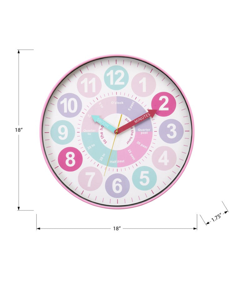 Monarch Specialties Clocks, 18" Round Juvenile Wall Clock With Multi-Color Dial, Large Numerals & Silent Quartz Movement WHITE,GREEN,PINK,PURPLE,YELLOW I 9102