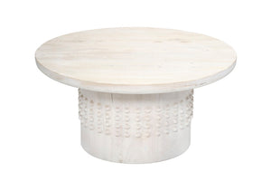 Jamie Young Co. Studded Handcrafted Mango Wood Coffee Table With Whitewashed Finish, Carved Stud Band Accent, Coastal Contemporary Elegance 17.25"H x 36"W x 36"D 20STUD-CTWH