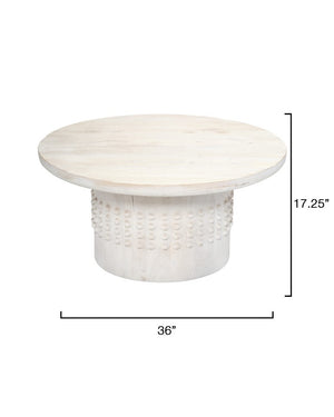 Jamie Young Co. Studded Handcrafted Mango Wood Coffee Table With Whitewashed Finish, Carved Stud Band Accent, Coastal Contemporary Elegance 17.25"H x 36"W x 36"D 20STUD-CTWH