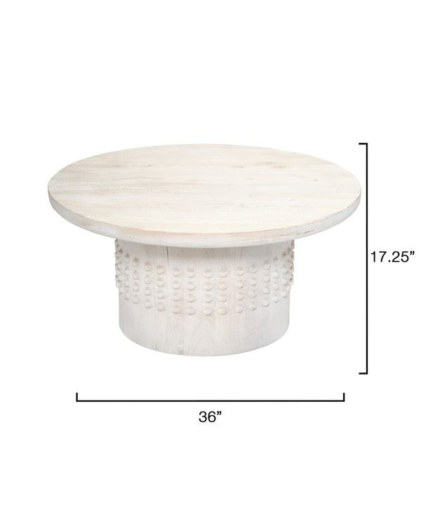 Jamie Young Co. Studded Handcrafted Mango Wood Coffee Table With Whitewashed Finish, Carved Stud Band Accent, Coastal Contemporary Elegance 17.25"H x 36"W x 36"D 20STUD-CTWH