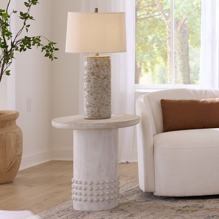 Jamie Young Co. Studded Handcrafted Mango Wood Coffee Table With Whitewashed Finish, Carved Stud Band Accent, Coastal Contemporary Elegance 24"H x 24"W x 24"D 20STUD-STWH
