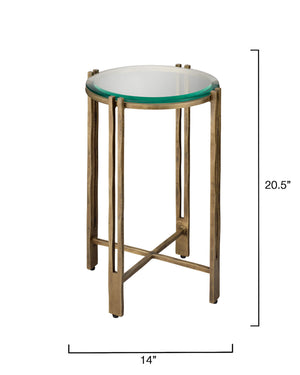 Jamie Young Co. Metrical Hand-Forged Iron Side Table With Beveled Glass Top, Antique Brass Finish, Sculptural Accent 20.5"H x 14"W x 14"D 20METR-STAB