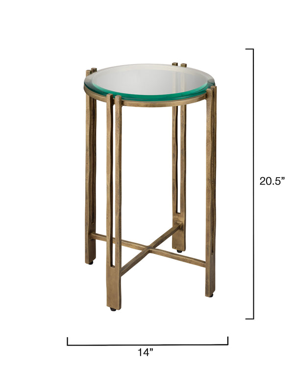 Jamie Young Co. Metrical Hand-Forged Iron Side Table With Beveled Glass Top, Antique Brass Finish, Sculptural Accent 20.5"H x 14"W x 14"D 20METR-STAB