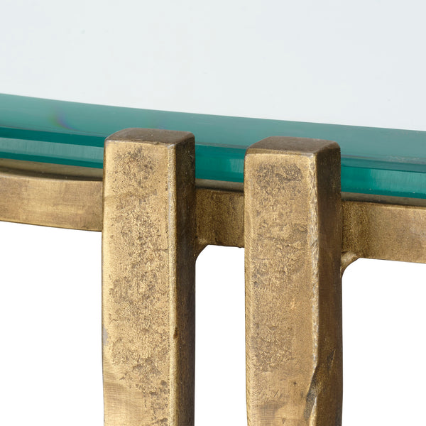 Jamie Young Co. Metrical Hand-Forged Iron Side Table With Beveled Glass Top, Antique Brass Finish, Sculptural Accent 32"H x 48"W x 16"D 20METR-COAB