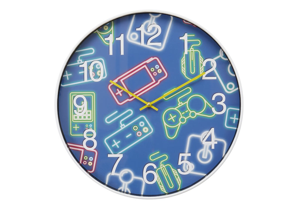Monarch Specialties Clocks, 18" Round Juvenile Wall Clock With Multi‑Colored Gaming Face, Quiet Quartz Movement, Modern Decor BLUE,GREEN,RED,WHITE,YELLOW I 9104
