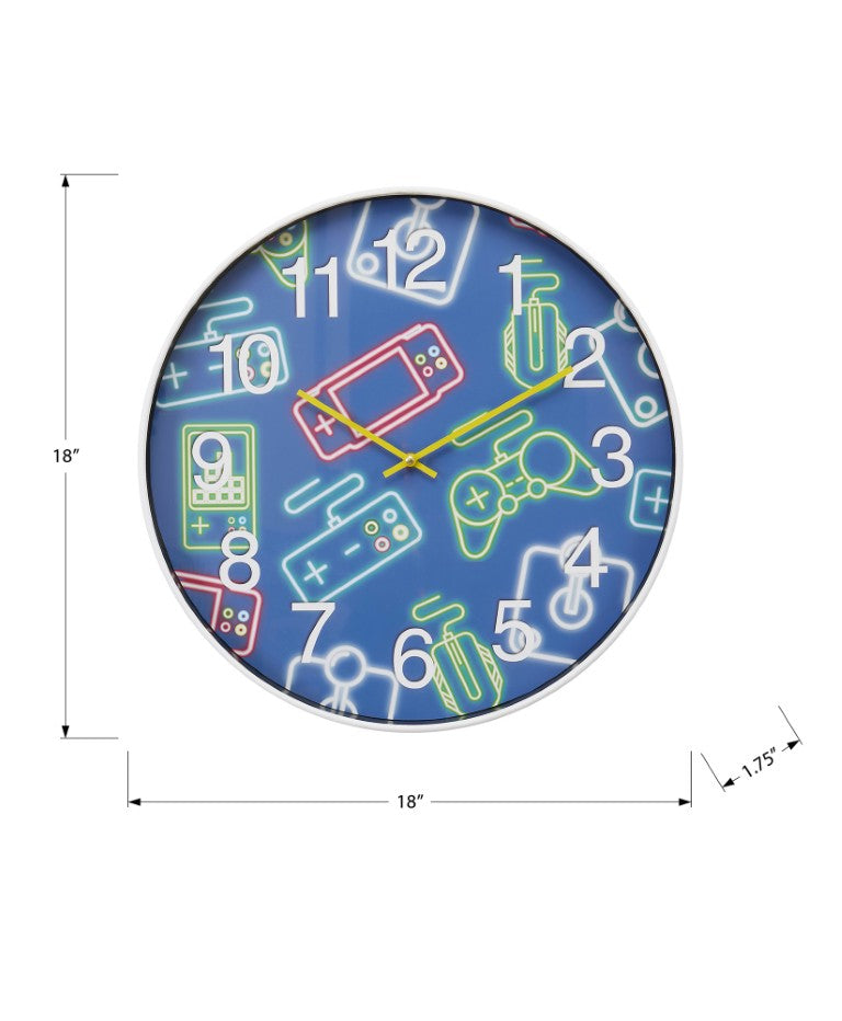 Monarch Specialties Clocks, 18" Round Juvenile Wall Clock With Multi‑Colored Gaming Face, Quiet Quartz Movement, Modern Decor BLUE,GREEN,RED,WHITE,YELLOW I 9104