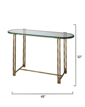 Jamie Young Co. Metrical Hand-Forged Iron Side Table With Beveled Glass Top, Antique Brass Finish, Sculptural Accent 32"H x 48"W x 16"D 20METR-COAB