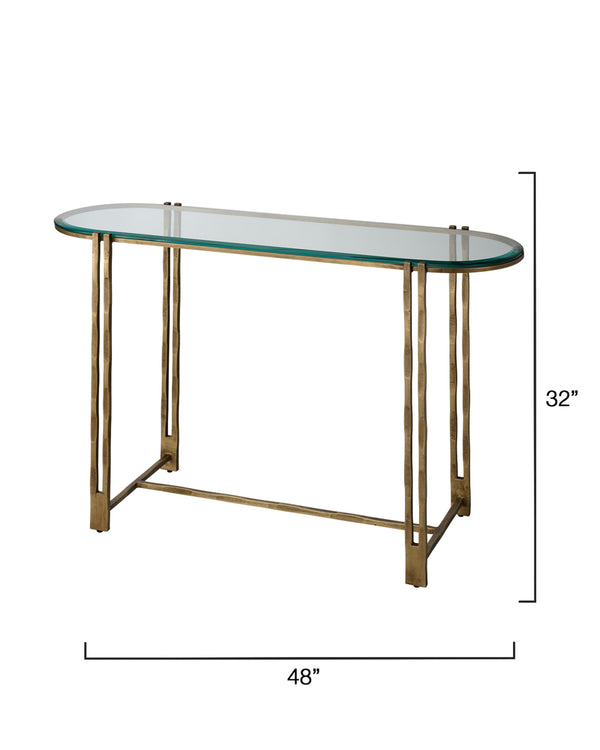 Jamie Young Co. Metrical Hand-Forged Iron Side Table With Beveled Glass Top, Antique Brass Finish, Sculptural Accent 32"H x 48"W x 16"D 20METR-COAB