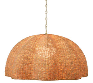 Jamie Young Co. Rosemary Artisanal Palm Leaf Pendant Lamp With Hand-Blown Glass Globe, Burnished Brass Accents, Adjustable Height 17.25"H x 36"W x 36"D 5ROSE-LGNA