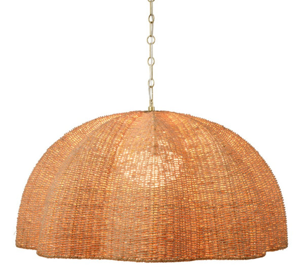 Jamie Young Co. Rosemary Artisanal Palm Leaf Pendant Lamp With Hand-Blown Glass Globe, Burnished Brass Accents, Adjustable Height 17.25"H x 36"W x 36"D 5ROSE-LGNA