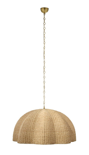 Jamie Young Co. Rosemary Artisanal Palm Leaf Pendant Lamp With Hand-Blown Glass Globe, Burnished Brass Accents, Adjustable Height 17.25"H x 36"W x 36"D 5ROSE-LGNA